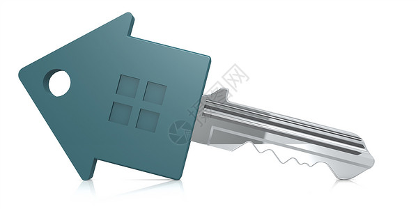 Blue房屋钥匙与白底背景隔绝3D翻接图片