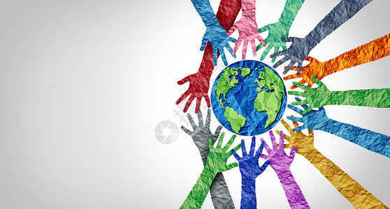 我是志愿者全球文化和世界多样或地球日以及国际文化是多样和人群合作的概念象征着将地球团结在一起的双手背景