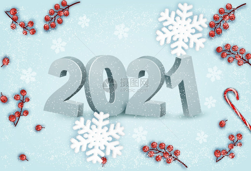 新年快乐背景2021年雪花矢量插图图片