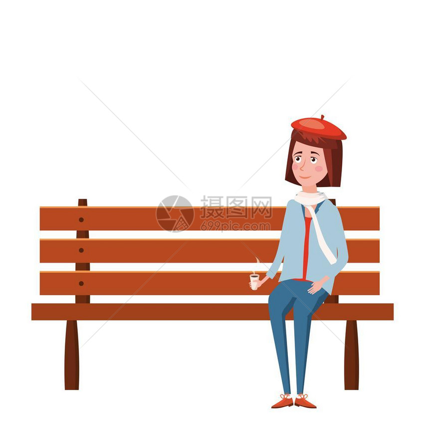 秋天快乐的女孩坐在长椅上喝咖啡图片