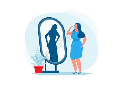穿着蓝色衣服的胖女人看着镜像相容反射矢量孤立插图背景图片