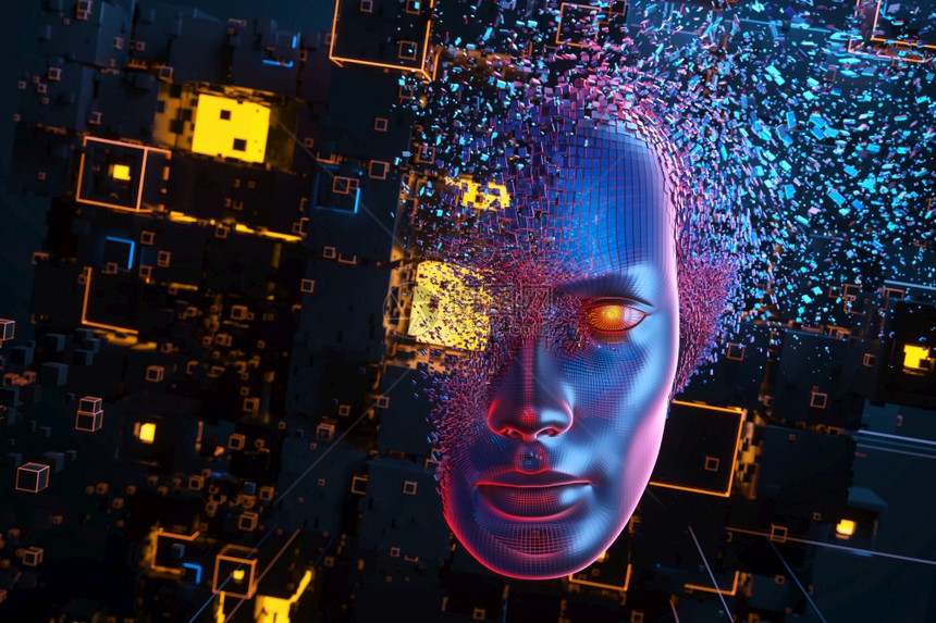 人工智能概念3D插图由块组成的头图片