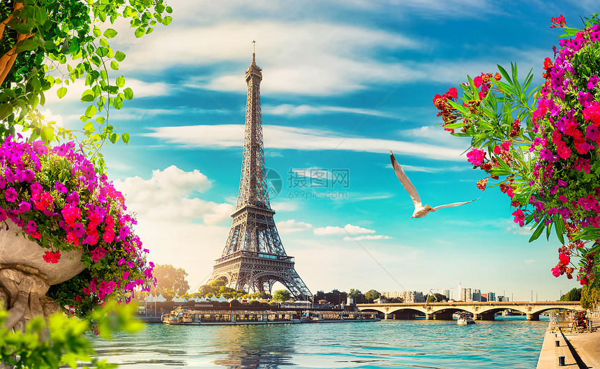 日出时在巴黎和埃菲尔铁塔的塞纳图片