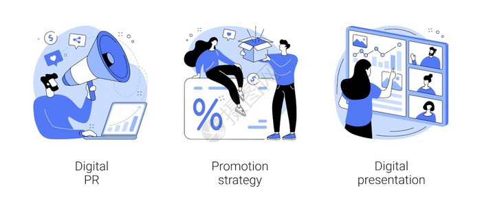 pr短视频在线营销运动抽象概念矢量图集数字PR促进战略数字展示名声管理客户忠诚品牌意识抽象比喻在线营销运动抽象概念矢量图集插画