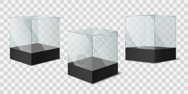 塑料整理箱GlassCube黑色首饰上的透明闪亮立方体物展览模拟的空品示博物馆出示产品符合现实的3d矢量孤立模板集的展示产品方箱黑色首饰上插画