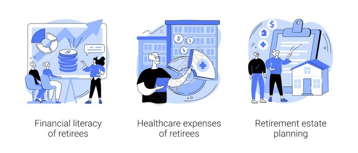 退休人员预算计划抽象概念矢量说明集退休人员财务知识普及保健费用退休财产规划健康保险计法律顾问抽象隐喻退休人员预算计划抽象概念矢量背景图片