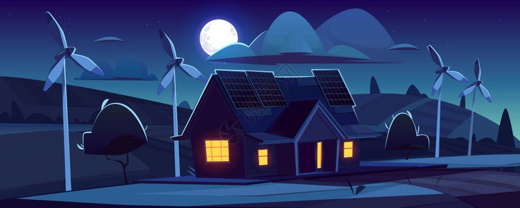 夜间风力涡轮机和屋顶上有太阳能电池板的房屋矢量插画图片
