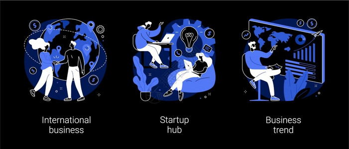 国际商业开办中心商业趋势分析企家信息技术创新伙伴关系启动孵化器黑暗模式隐喻商业思想抽象概念矢量图解商业思想抽象概念矢量图解图片