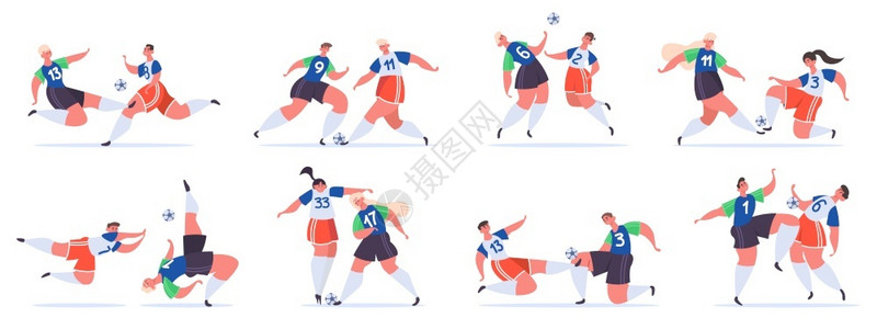 足球运球动作足球比赛的男女运动员卡通矢量插画插画