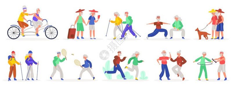 宠物与人活跃老年夫妇健康运动的祖母和父老年人跳舞和慢跑的矢量图集骑自行车运动与宠物一起走路的特征活跃老年夫妇人跳舞和慢跑的矢量图集插画