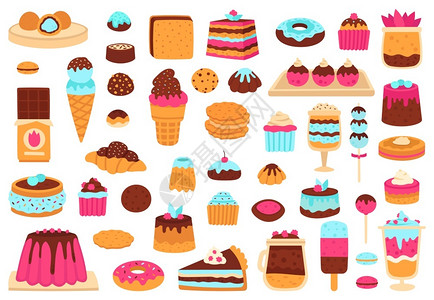 龙巧克力冰淇淋甜点面包食松饼蛋糕冰淇淋手画糖果巧克力棒和玛卡龙甜食蛋糕和点食矢量插图集甜食面包糖果甜食矢量插图集插画