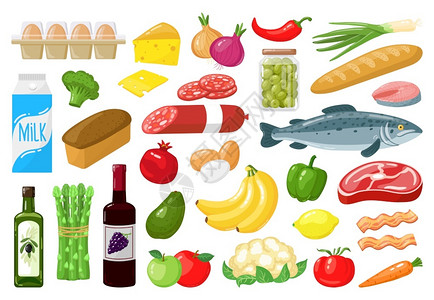 鱼包装蔬菜牛奶肉类面包奶酪和水果健康日常食品和水果成套的病媒说明日餐水果和面包蔬菜产品食和说明成套的病媒说明插画
