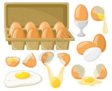 鸡蛋蛋卡通鸡蛋新鲜的煮炸鸡蛋破碎的含黄半装在纸板盒中的鸡蛋有机农场食物病媒插图开放的纸包烹饪餐卡通鸡蛋新鲜的碎鸡蛋装在纸板盒中的蛋有机插画