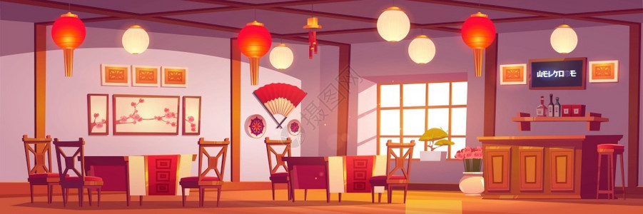 木制单人椅餐馆内地传统亚洲式空咖啡厅有红金装饰灯笼樱花图片出纳台有木桌的餐厅和椅卡通矢量插图插画