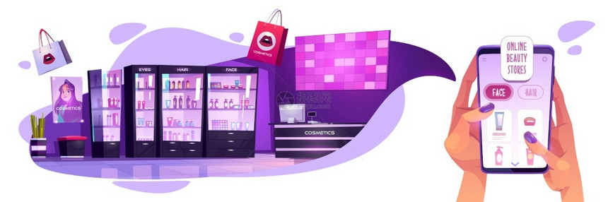 在线化妆品商店概念女手持智能机在网上购物女孩选择化妆品虚拟店的体操产品卡通矢量插图图片