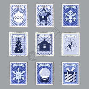 设置圣诞快乐回溯邮票设置圣诞快乐回溯邮票并配有圣诞树礼品鹿和雪花图片