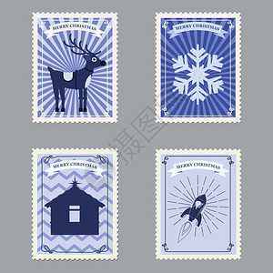 圣诞风格素材设置圣诞快乐的回溯邮票设置圣诞快乐的回溯邮票安装火箭鹿和雪花矢量插图被孤立插画