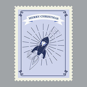 圣诞快乐回溯邮票配有圣诞火箭快乐回溯邮票配有圣诞火箭矢量插图图片