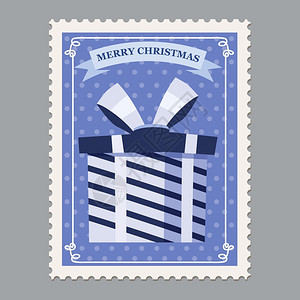 圣诞快乐带礼品盒的邮票带礼品盒的物邮票矢量插图图片