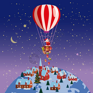 坐在热气球上快乐的圣诞老人卡通矢量插画图片