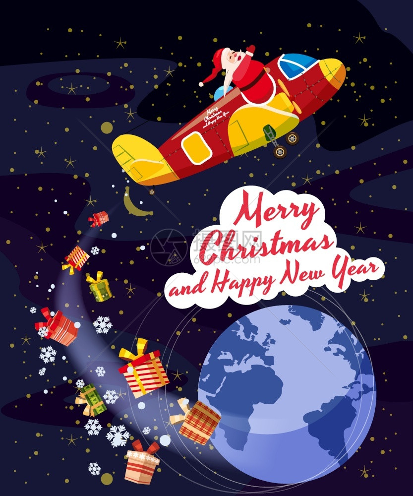 圣诞老人乘坐带礼物的飞机行矢量公寓圣诞老人乘坐的飞机行在地球上空的太送礼物图片