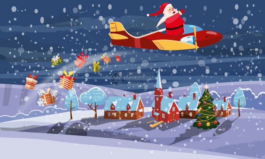 圣诞老人在夜空上高速反飞机送礼物圣诞老人在夜空上高速反飞机送礼物在城市的夜间天空上送礼物说明矢量孤立的卡通风格海报横幅模板图片