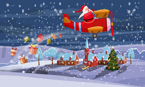 酿造的飞机圣诞老人乘坐逆向飞机在夜空中送礼物圣诞老人乘坐逆向飞机在城市的夜空中送礼物插画
