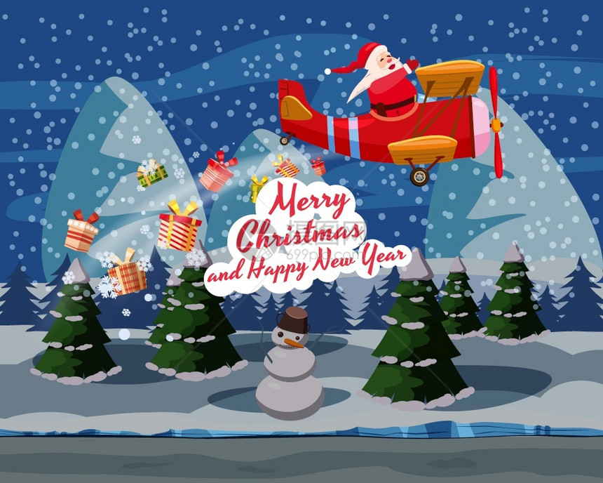 圣诞老人乘坐逆向飞机在夜空中送礼物圣诞老人乘坐逆向飞机在冬季风景的夜空中送礼物图片