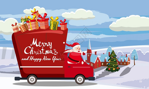 准备圣诞节商品圣诞老人开车卡通风格贺卡海报横幅图示插画