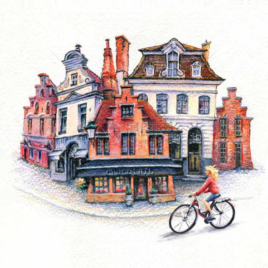 比利时Bruges老城Bruges街女孩骑自行车者与女孩骑自行车者绘制的水彩色草图图片