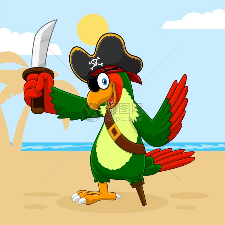 鹦鹉海盗鸟用的刻画字矢量一说明带有棕榈和海滩背景图片