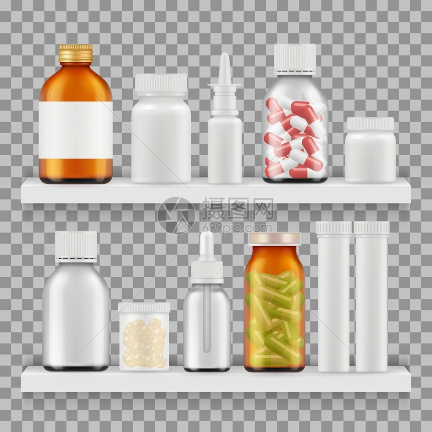 药品包装病媒在货架图上的现实瓶子药和房存放在货架上的健康药丸存放在货架图上的现实瓶子图片