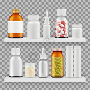 药品包装病媒在货架图上的现实瓶子药和房存放在货架上的健康药丸存放在货架图上的现实瓶子背景图片