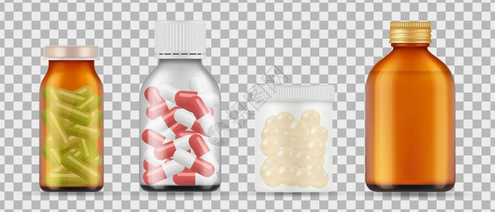 貢丸现实药瓶病媒物在透明背景下孤立的药物收集用瓶物丸和插画