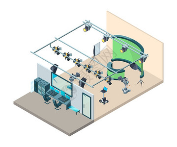 Tv演播室内配有专业设备电视摄像头的制作室闪软箱三角矢量等分数Tv专业制作视频电插图配有专业设备录像摄机的电视制作室闪软箱三角矢背景图片