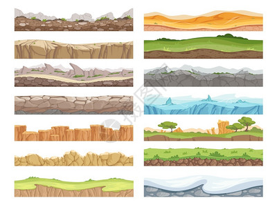 地面前景游戏无缝地卡通岩石泥土地貌头表资产2d地板矢量背景游戏无缝土壤和草雪地表面图解卡通岩石泥土地貌头资产板矢量背景插画