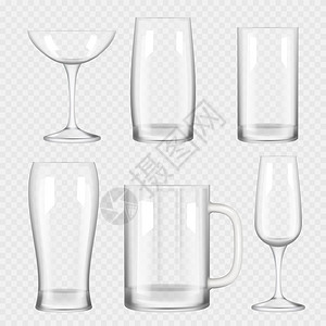 空玻璃杯透明玻璃杯清空香槟鸡尾酒吧饮用现实的玻璃收集矢量酒精饮料杯为餐厅和酒吧透明清空香槟鸡尾酒吧饮用现实的玻璃收集矢量插画