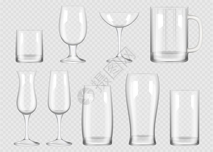 透明的收集透明饮料杯酒精清水空玻璃矢量现实收集清空的玻璃杯用于酒吧和饮料说明清水杯空玻璃矢量现实收集插画