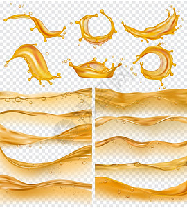 液体喷洒石油波浪流的现实金色液体表面和喷洒燃料矢量的收集橄榄油和燃料金色流图石油的现实金色液体表面和燃料矢量的收集插画