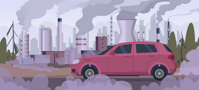 汽车大气素材汽车交通发动机烟雾环境恶劣背景图插画