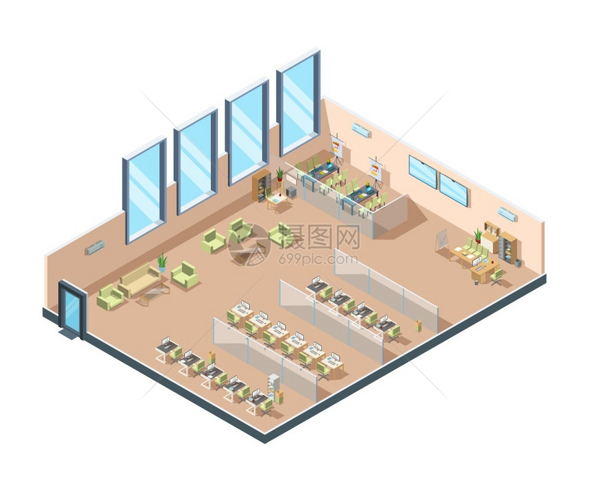 大型企业开放办公区内柜楼桌椅和管理人员向量设备企业办公区插图建筑示几何办公室桌椅和管理人员向量设备图片