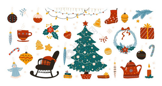 圣诞节装饰元素Doodle圣诞节斯堪的纳维亚冬季Hygge传统节假日装饰元素带星和加兰的舒适圣诞节树茶和饼干新年礼物12月病媒家庭室内装饰品圣插画