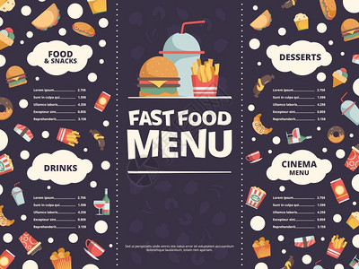 快速食品菜单餐厅设计模板配有快餐图片的厅菜单设计模板汉堡冷饮甜圈披萨矢量午餐菜单汉堡和苏打饮料比萨快速食品菜单设计模板汉堡冷饮甜背景图片
