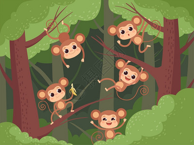 咯咯哒在丛林中的猴子在树上玩耍插画