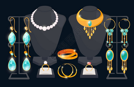珠宝耳环珠宝店窗口矢量概念送货和项链昂贵的戒指和从属奢侈项链说明珠宝店窗口矢量概念插画