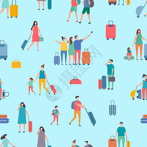 卡通旅行者携带手提箱和行李袋矢量插画图片