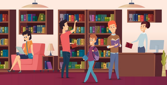 图书馆的人图书馆背景学生在读书插画