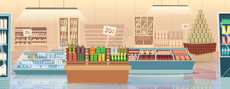 水果超市优惠券超市卡通产品杂货店商食市场内向矢量背景超市架零售店内产品杂货食市场内向量背景插画