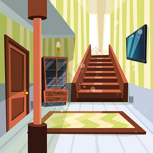 大厅电视室内有楼梯和储藏室矢量漫画插图的室内光走廊大厅家庭公寓楼梯插画