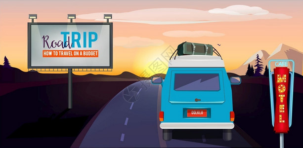 公路广告牌卡通公路上旅行汽车矢量插画插画